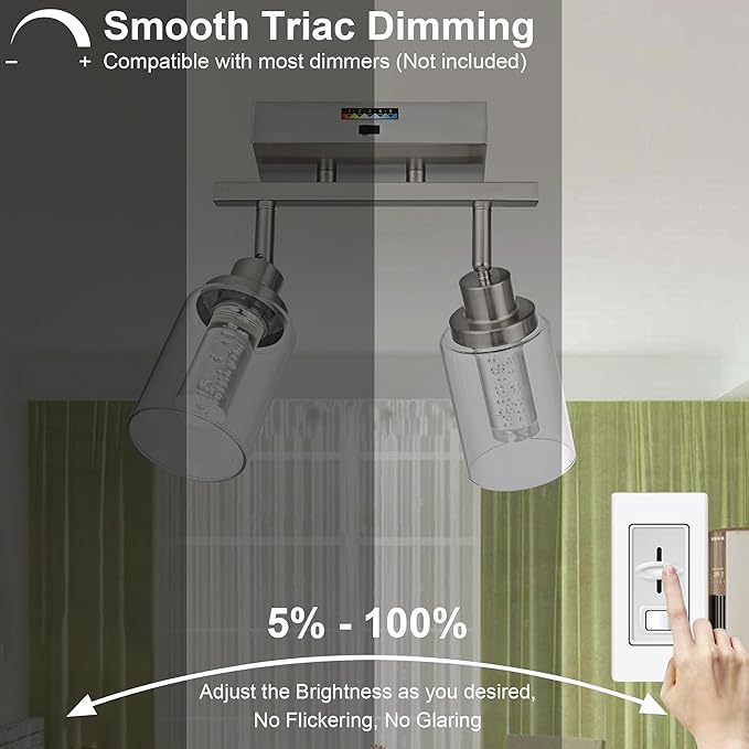 MELUCEE 2 Light Track Lighting Kit Brushed Nickel LED Kitchen Track Lighting Fixtures Ceiling Mount Rotatable Spotlight Bathroom Wall Scones with Clear Glass, Built-in LED Chips, 5-Color Temperature