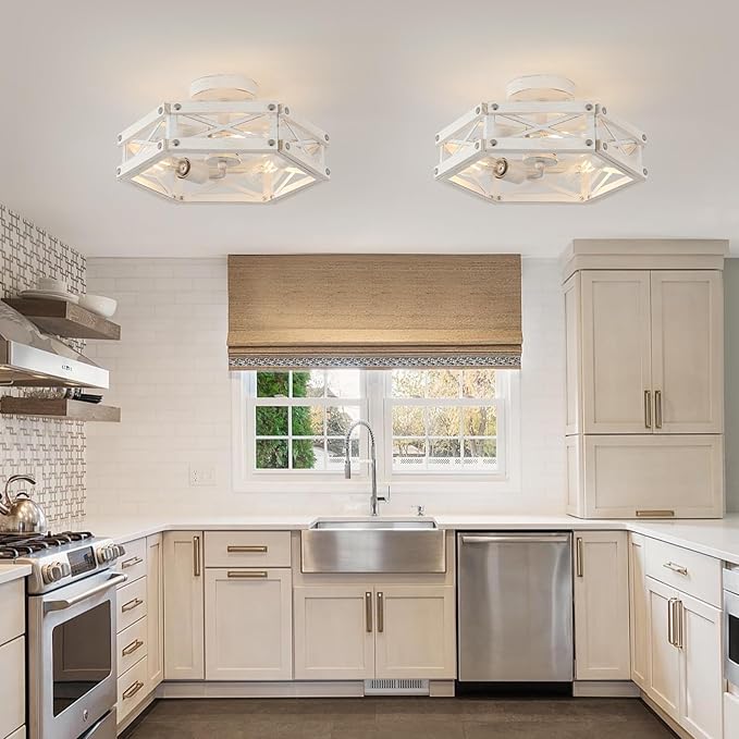 2 Pack 3-Light Modern Farmhouse Wood Flush Mount Ceiling Light Fixture Rustic Distressed Wood and Metal Cage Semi Flush Mount Ceiling Light for Hallway Entry Bedroom Farmhouse, Antique White