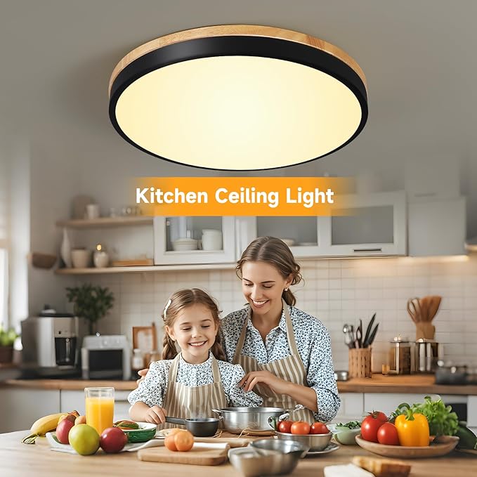 12 Inch Wood LED Flush Mount Ceiling Light Fixtures 5CCT 2700-5000K 24W Dimmable | Overhead Light | Round | Black | Ceiling Lamp | Bathroom | Bedroom | Kitchen | Hallway | Laundry Room