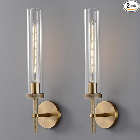 Bathroom Sconces Set of 2, 19.5" Brushed Cylinder Wall Sconces, Gold Vanity Lights for Bathroom Mirror with E26 Bulbs Included