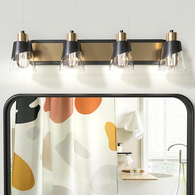 URSOLA Bathroom Vanity Light, 4 Lights Bathroom Light Fixtures, 28.3 inch Bathroom Light Fixtures Over Mirror, Black and Gold, with Bevelled Edge and Clear Glass Shade Wall Lamp