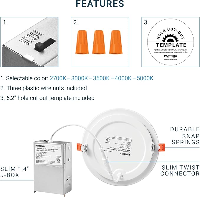 PARMIDA (6 Pack) 6 Inch Ultra-Thin LED Recessed Ceiling Light with Junction Box, 5CCT Color Selectable 2700K/3000K/3500K/4000K/5000K, 12W, Dimmable Canless Wafer Slim Panel Downlight, IC Rated, ETL