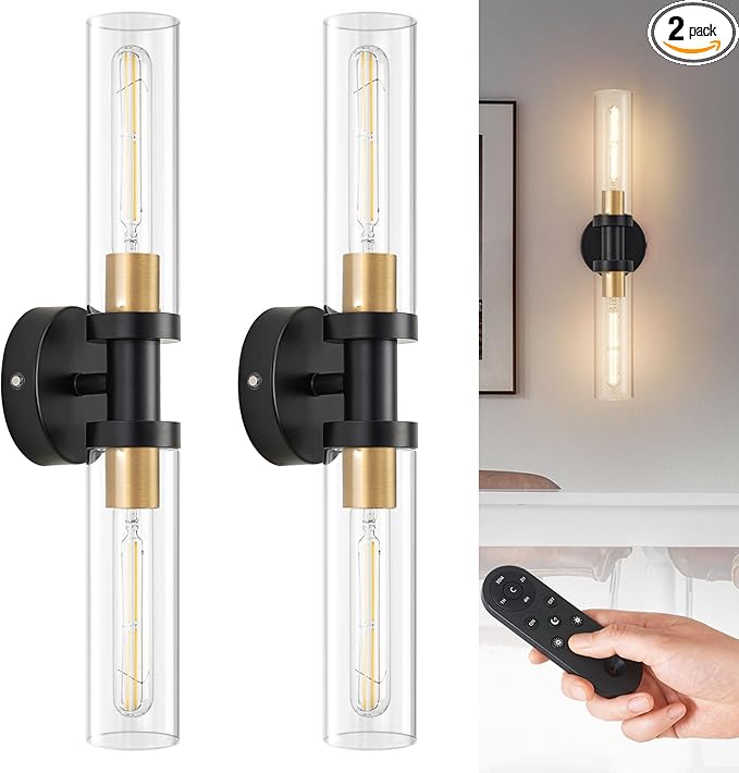 SANTOSTOCK Battery Operated Wall Sconce Set of 2, 12000mAh Rechargeable Wall Lights with Remote Control, Wireless Dimmable Wall Lamps for Bedroom Living Room Bathroom Hallway Stairwell, Black & Gold