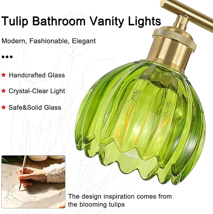 Bathroom Light Fixtures, 2-Light Gold Bathroom Vanity Light with Ribbed Green Tulip Glass Shade, Brass Wall Scone Lighting Over Mirror for Bedroom, Living Room, Hallway
