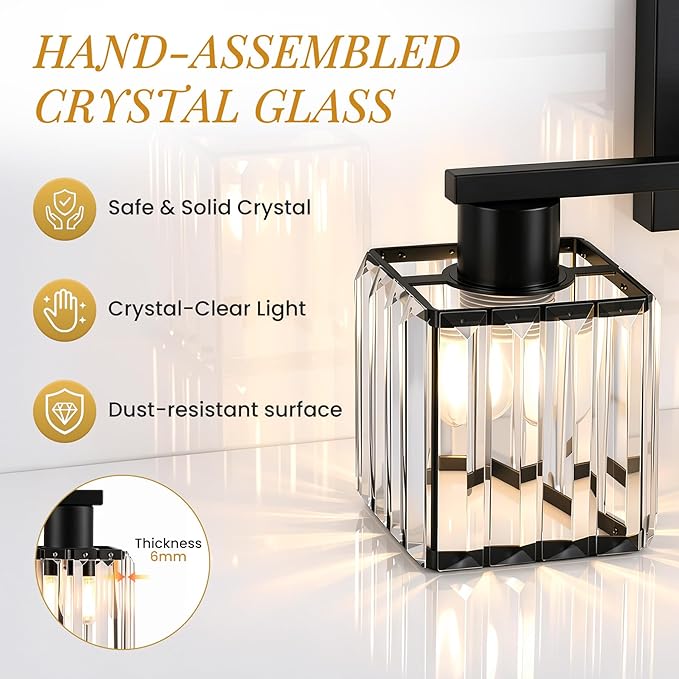 Crystal Bathroom Light Fixtures, 3-Light Matte Black, Vanity Lights for Bathroom Over Mirror, Modern Bath Wall Sconce for Mirror Bedroom Living Room