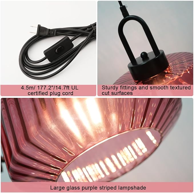 Hanging Pendant Light Plug in Vintage Plug in Hanging Light Fixture with 14.7 ft Cord Purple Striped Glass Shade Pendant Light Plug in Glass for Dining Room Farmhouse Kitchen Island