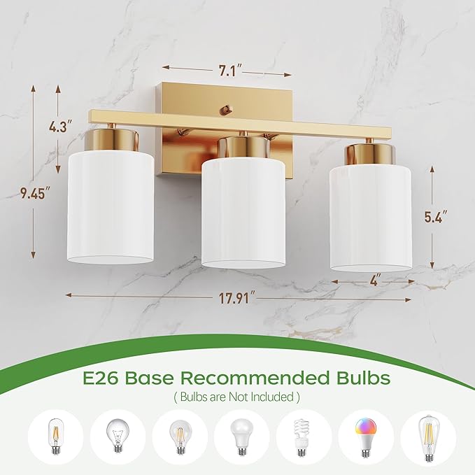 PARTPHONER 3-Light Brushed Gold Bathroom Light Fixtures, Modern Vanity Light Over Mirror Lighting, Wall Sconce with Frosted Milky White Glass Shades for Bedroom Living Room Kitchen Hallway