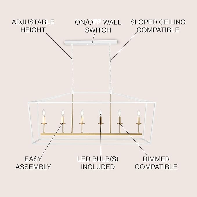 JONATHAN Y 49" White/Brass Gold Lantern Pendant Light, 1-Light Pagoda Style Metal Cage Farmhouse Hanging Ceiling Fixture for Kitchen Island, LED Bulb Included (JYL7439E)