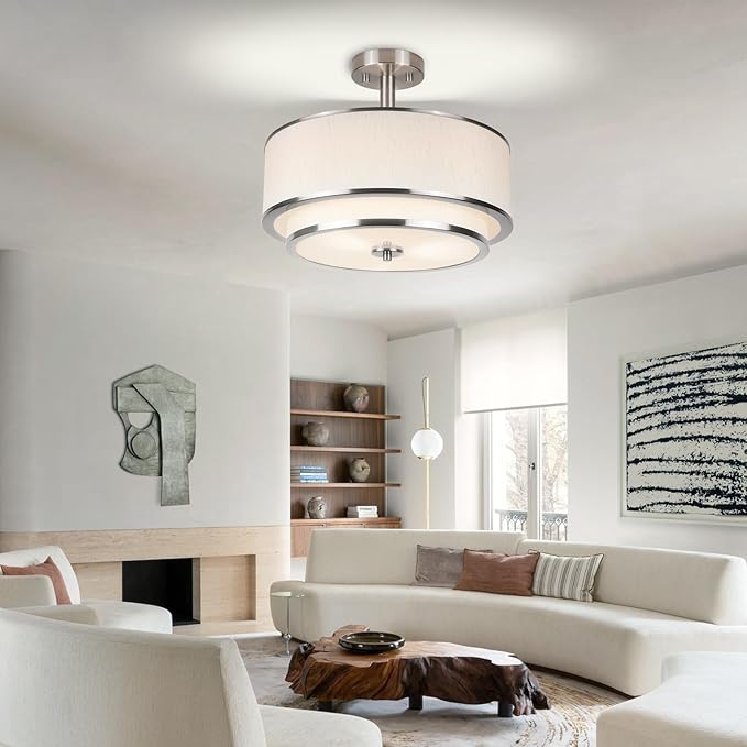 3-Light Semi Flush Mount Ceiling Light, 16" Drum Light with White Fabric Shade, Modern Close to Ceiling Lamp for Living Room Bedroom Dining Kitchen Hallway Entry (Brushed Nickel)