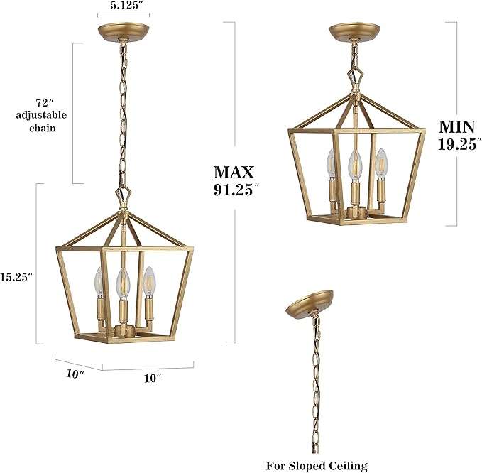 JONATHAN Y 10" Brass Gold 3-Light Pagoda LED Pendant Lantern, Classic Modern Farmhouse Chandelier for Kitchen Island, Dining Room, Entry, Foyer, Rustic Iron Frame (JYL7601B)