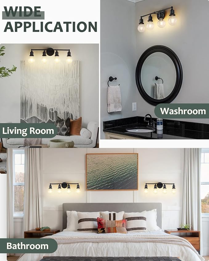 4-Light Vanity Light Fixture, Industrial Black Wall Sconce Lighting Fixture, Farmhouse Bathroom Wall Light, Vintage E26 Base Wall Lamp for Mirror Cabinet(Bulb Not Included)
