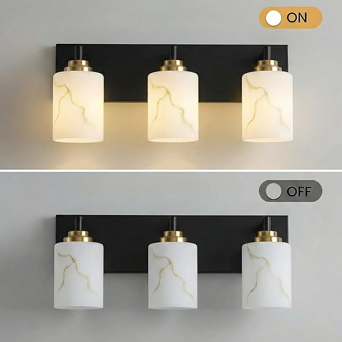 3-Light Bathroom Light Fixture, Black and Gold Modern Vanity Light with White Marble Glass Shade, for Bathroom Mirror, Living Room, Bedroom, Hallway, E26 Base, Extended Base