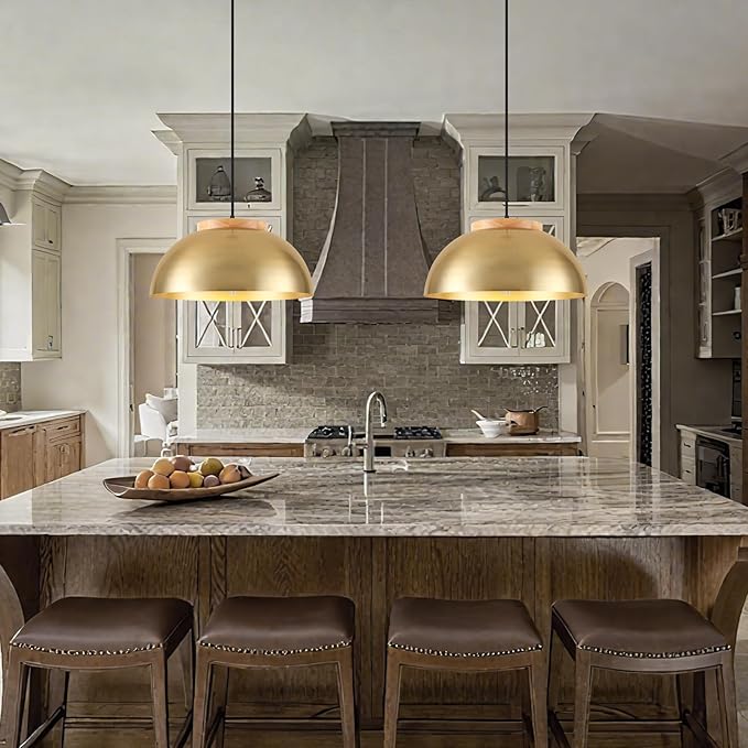 Large Pendant Lights, Gold Pendant Lights for Kitchen Island, Farmhouse Pendant Light Fixtures with Wooden Holder, 16" Adjustable Lighting Fixtures for Dining Room, Living Room, Entryway, 2 Pack