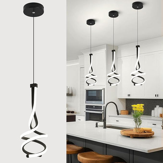 EIDISUNY Modern Pendant Light, Spiral LED Pendant Light Fixture, 4500K LED Hanging Lamp, Black Chandelier Lights Fixture, 20W Adjustable for Kitchen Island, Dining Room, Bedroom,1 Pack