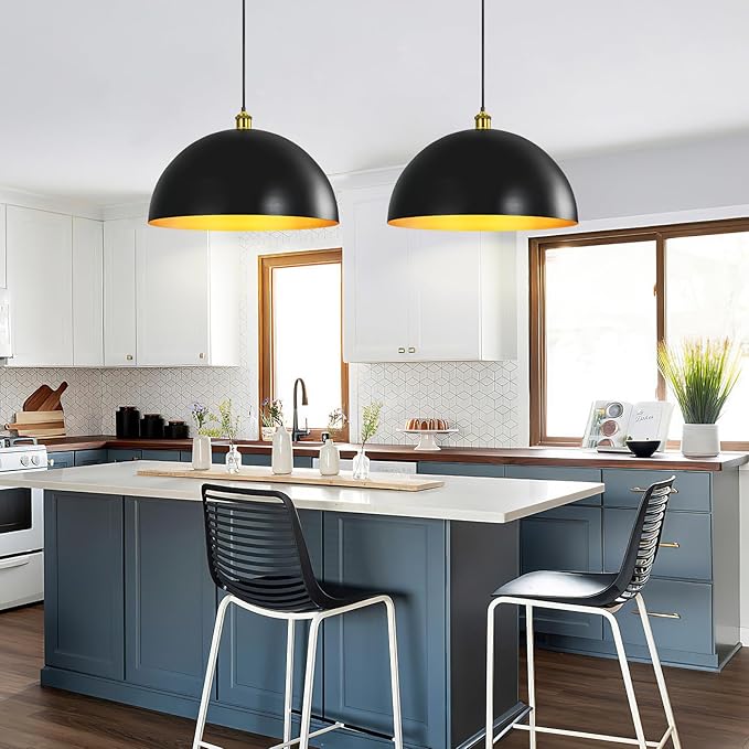 Black-Farmhouse Pendant-Light Hanging-Lamp Fixtures - 16 inch Kitchen Island Pendant Lights Industrial Dome Ceiling Lighting Dining Room Large Vintage Light for Indoor Black and Gold
