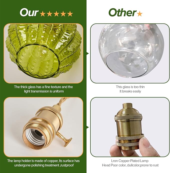 Green Glass Pendant Light Vintage Large Gold Globe Fixtures Mid Century Modern Pendant Lights Hanging Light Fixture Suitable for Kitchen Island Dining Room Foyer Above Sink Bathroom Bedroom