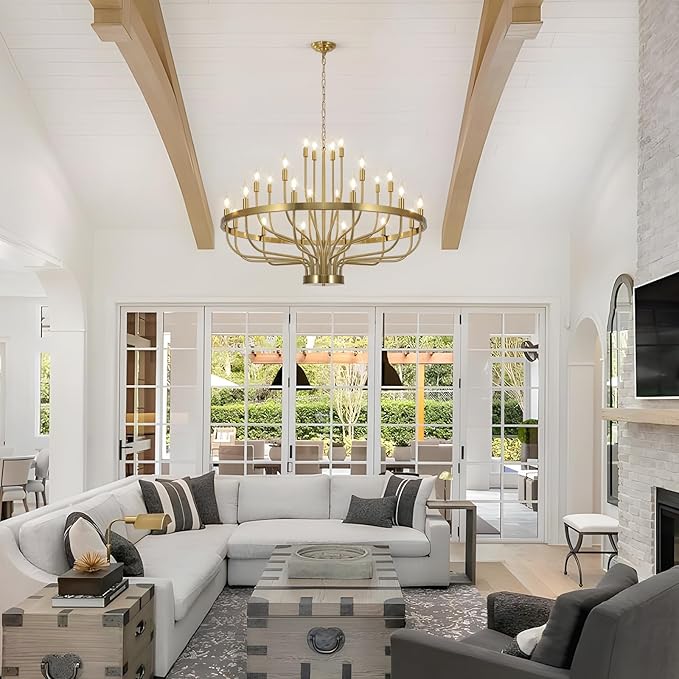 Shandaglo Gold Chandelier 24 Light Large Chandelier for High Ceilings, Farmhouse Wagon Wheel 39in 3-Tier for Dining Room, Hallway, Living Room, Foyer