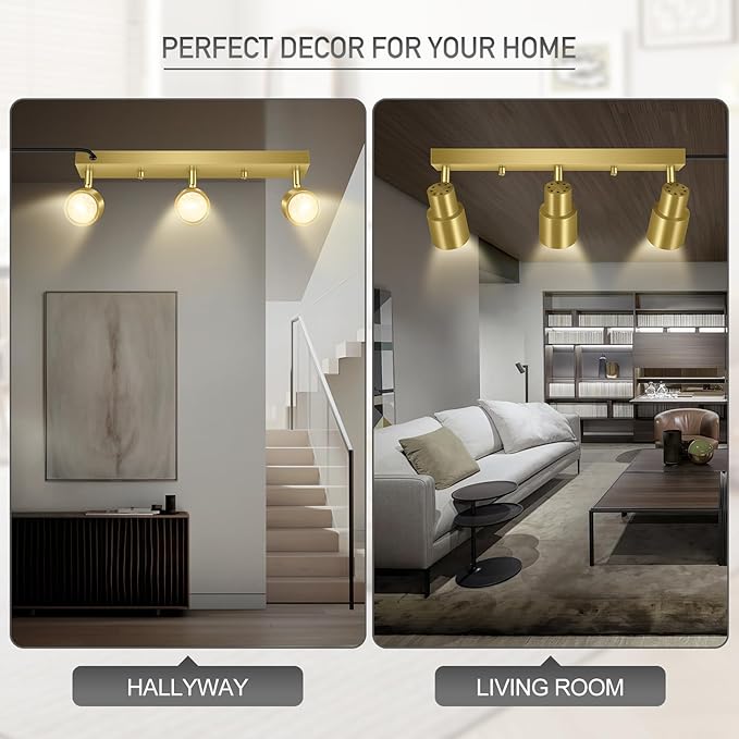 Plug-in Track Lighting LED, Track Light Fixtures Ceiling Kit, 15.7" Gold 3 Way Wall Lights for Kitchen, Plug in Ceiling Light with 14.8ft Power Cord,Rotatable Spotlight for Hallway(GU10 Base,No Bulb)
