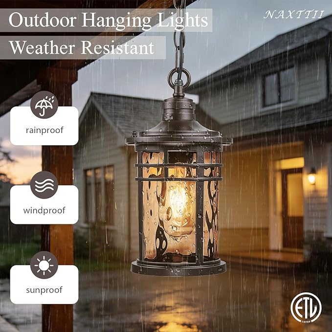 Outdoor Hanging Lantern Light Dusk to Dawn Hanging Porch Light Anti-Rust Aluminum Outdoor Chandelier for Front Door Gazebo E26 Socket Oil Rubbed Bronze Finish
