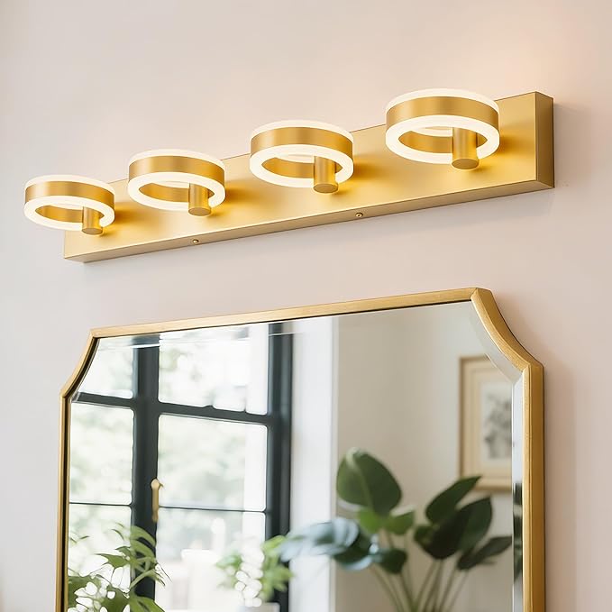 LED Bathroom Light Fixtures, 33inch Gold Vanity Lights, Modern 4 Light Acrylic Wall Sconces, 350° Rotatable Wall Lighting Fixture Over Mirror