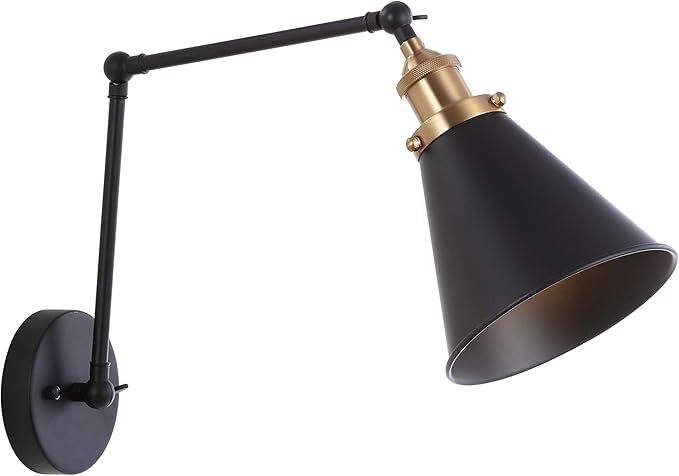 JONATHAN Y 7" Black/Brass Gold Classic Industrial Metal Adjustable Arm LED Wall Sconce for Bedside Reading, Farmhouse Swing Arm Wall Lamp with Metal Shade, Hardwired (JYL7462A)