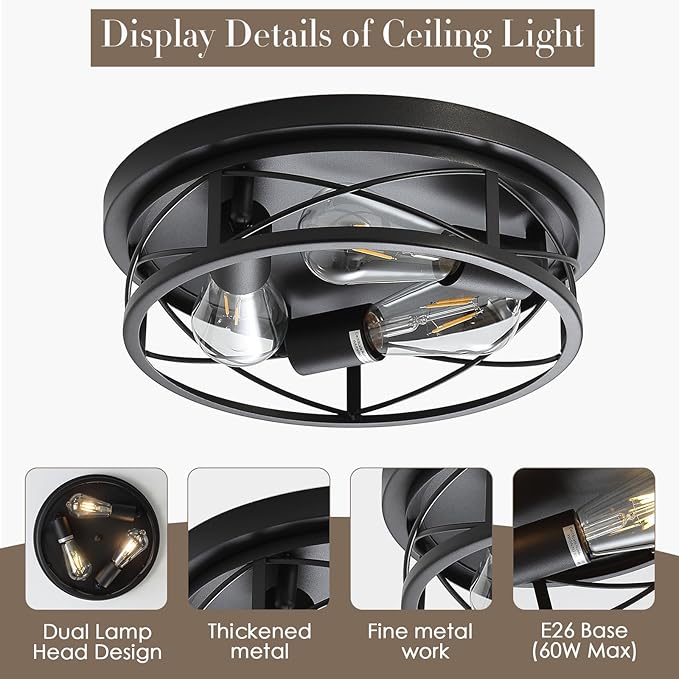 Black Farmhouse Ceiling Light Fixtures,3 Lights Flush Mount Ceiling Light,Bathroom Light Fixtures Ceiling Mount for Hallway Bedroom Kitchen 2 Pack