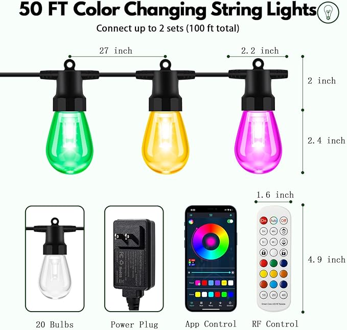 BBG Outdoor String Lights 50FT RGBW - 2700K Patio Lights Outdoor Waterproof, 24V Low Voltage, 20 Shatterproof Bulbs, Dimmable, APP & Remote Control, Linkable, Music Sync, Timer for Backyard