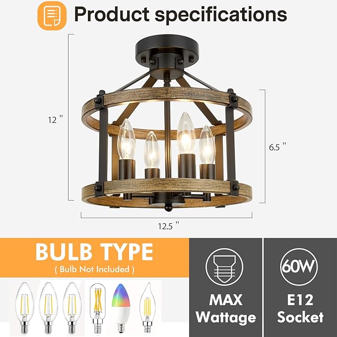 Farmhouse Semi Flush Mount Ceiling Light Fixture, 12.5 Inch 4-Light Rustic Ceiling Mount Light Fixtures, Round Brown Wood Finish Flush Mount Lights for Kitchen Bedroom Hallway Laundry Room