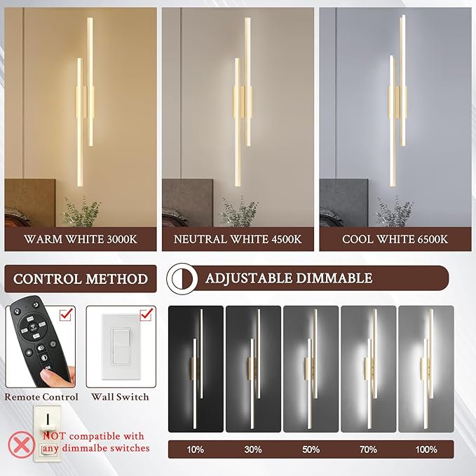 LED Wall Sconce Gold Modern Remote Wall Light Fixtures for Living Room, Dimmable LED Vanity Light Indoor Remote Wall Sconce for Bedside Bedroom Bathroom Dining Room, 39.4inch 1 Pack