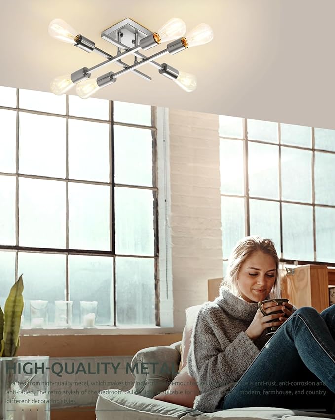 6-Light Semi Flush Mount Ceiling Light Fixture, Industrial Brushed Nickel Close to Ceiling Lighting, Modern E26 Base Sputnik Chandelier Ceiling Lamp for Kitchen Bedroom Living Room Hallway