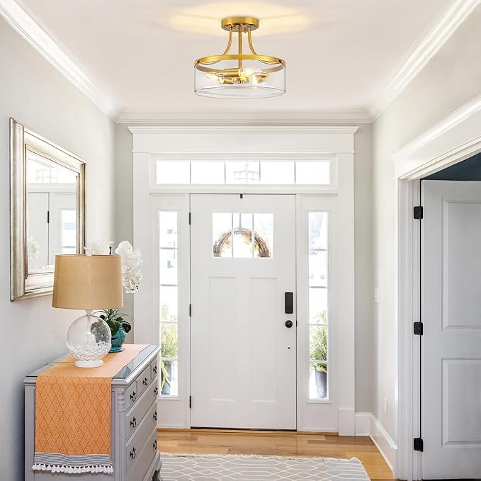 11.81" Brushed Gold Semi Flush Mount Ceiling Light Modern Glass Entryway Light Fixture Hallway Light Fixtures 3-Light Drum Ceiling Lamp for Bedroom Kitchen Island Dining Room Laundry Room Lighting
