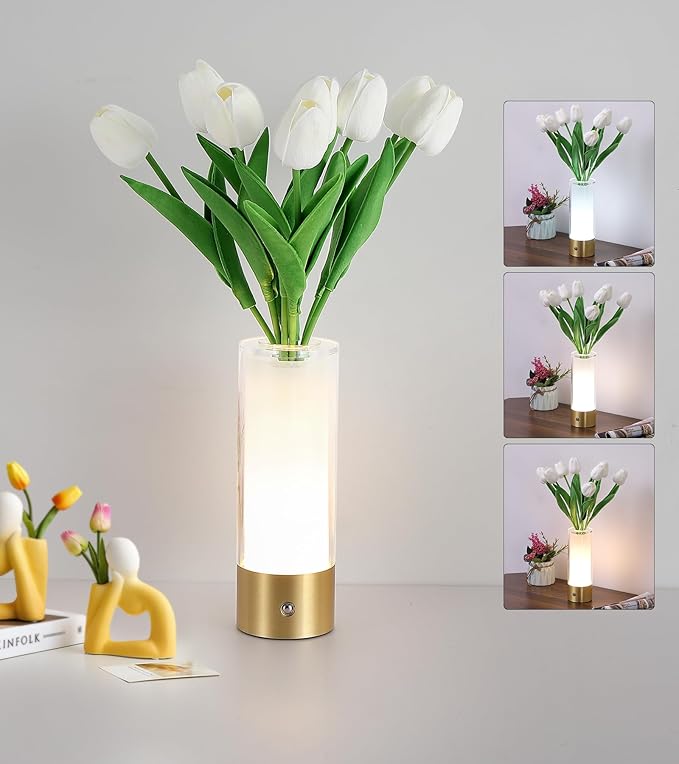 AIHYING Flower Night Light,Touch Vase Lamp,Rechargeable Cordless Table Lamp,Dimming Small Mood Lighting for Dining Table/Bed Room/Bathroom/Closet,Gifts for Women/Mom, Artificial Tulips Included
