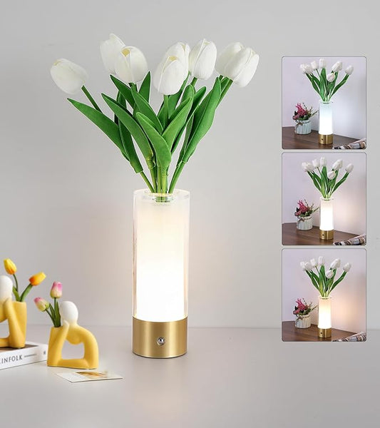 AIHYING Flower Night Light,Touch Vase Lamp,Rechargeable Cordless Table Lamp,Dimming Small Mood Lighting for Dining Table/Bed Room/Bathroom/Closet,Gifts for Women/Mom, Artificial Tulips Included