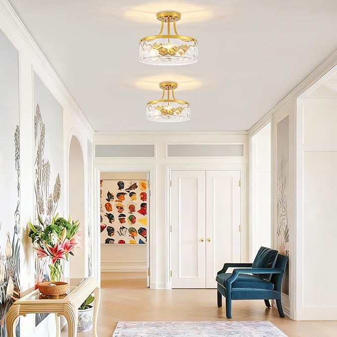 11.81" Modern Gold Semi Flush Mount Ceiling Light Hammered Glass Hallway Light Fixtures Entryway Light Fixture 3-Light Lighting Fixtures for Kitchen Island Dining Room Bedroom Laundry Room Lighting