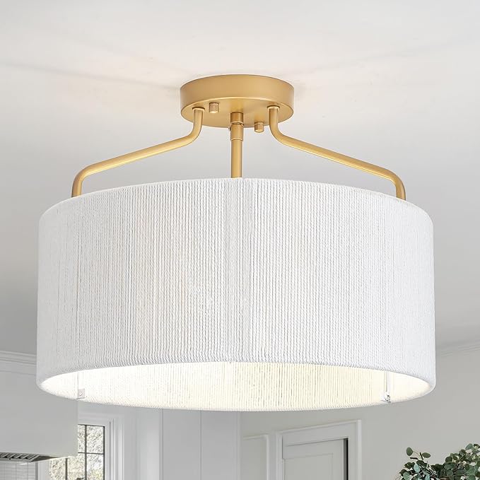 15.75" Gold Semi Flush Mount Ceiling Light Fixture 3-Light Drum Boho Light Fixture with Hand Woven Shade Kitchen Light Fixtures Coastal Chandelier for Bedroom Entryway Foyer Nursery Dining Room