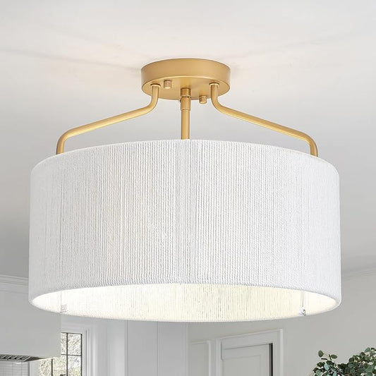 15.75" Gold Semi Flush Mount Ceiling Light Fixture 3-Light Drum Boho Light Fixture with Hand Woven Shade Kitchen Light Fixtures Coastal Chandelier for Bedroom Entryway Foyer Nursery Dining Room