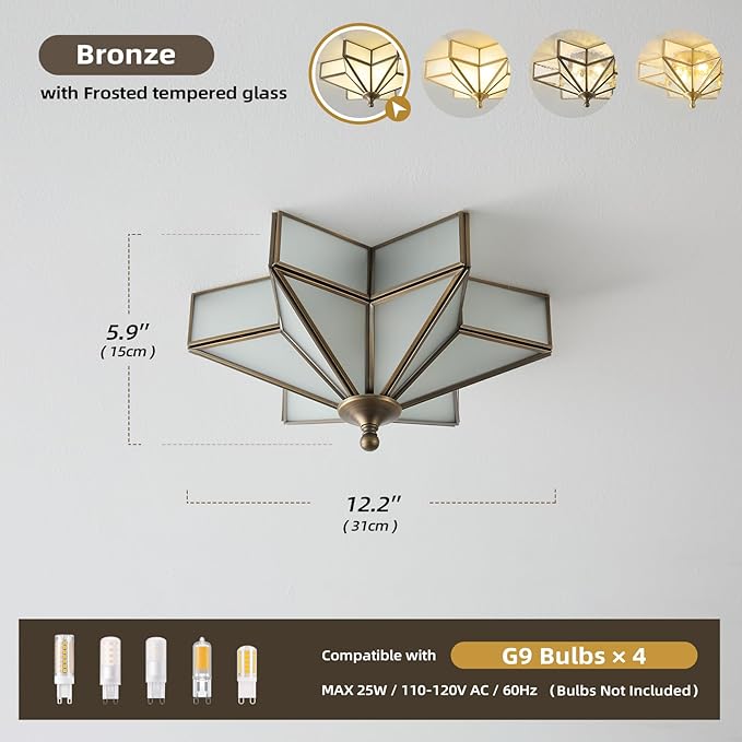 Star Vintage Bronze Ceiling Light - 12.2 Inch Small Milk Glass Antique Flush Mount Fixture - Mid Century Black Art Deco Lighting for Kitchen Hallway Bedroom Bathroom Laundry Entryway Farmhouse Hall
