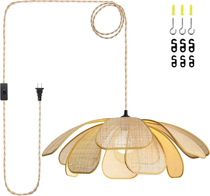 Plug in Pendant Light Boho Hanging Light Wicker Light Fixture Hand-Woven Rattan Pendant Lamp Boho Lamp for Hallway Entryway Kitchen Island Dining Room Bedroom