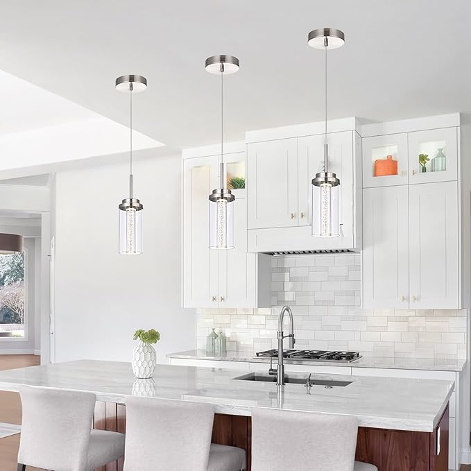 MELUCEE 3 Packs Dimmable LED Pendant Lights Fixtures Brushed Nickel, Adjustable Hanging Ceiling Lamp with Clear Glass Shade, Modern Pendant Light for Kitchen Island Dining Room Hallway, 3000K-6000K