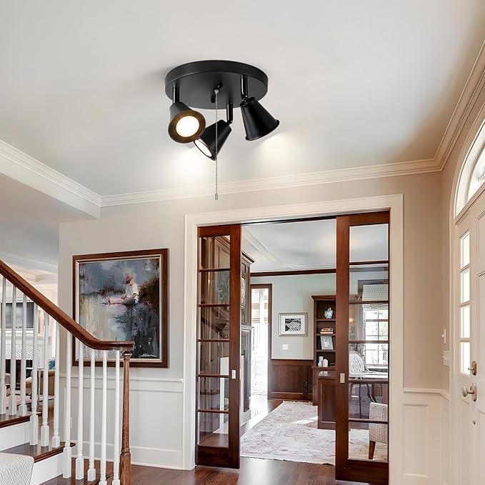 SEEBLEN 3-Light Industrial Directional Track Lighting with Pull Chain On/Off, Black Ceiling Spotlight, Morden Flush Mount Kitchen Light for Hallway,Dining Room,Porch,Office.Gu10 Bulbs Included