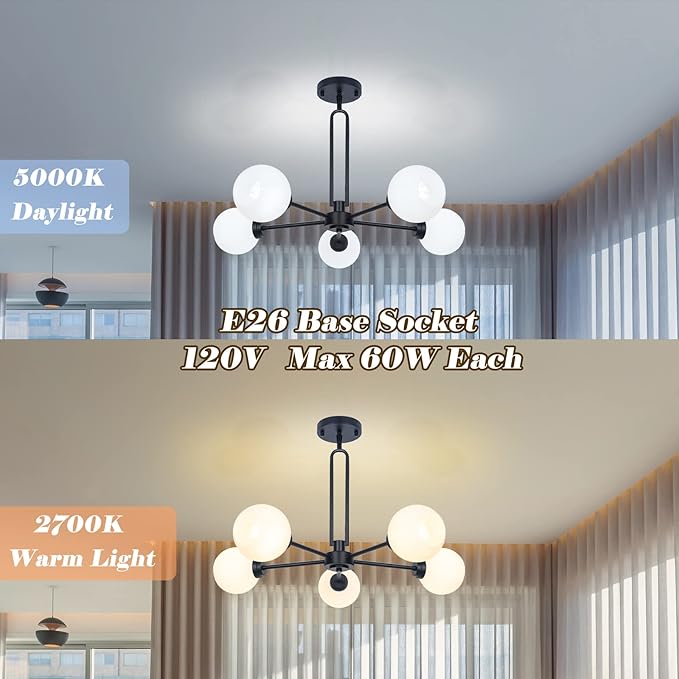 Modern 5-Light Globe Sputnik Chandelier - Large Semi-Flush Dining Room Light, Black Glass Pendant for Kitchen, Living Room, Bedroom, Farmhouse