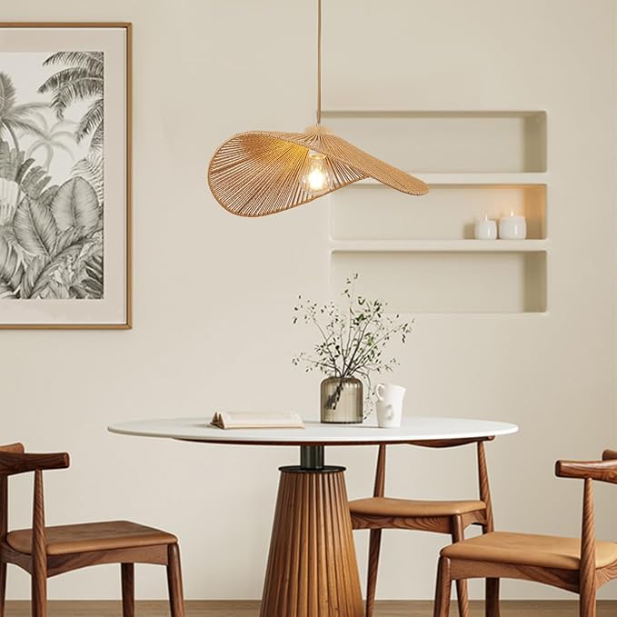 Boho Rattan Pendant Light Fixture Modern Style Hanging Light Bohia Natural Bamboo Handmade2-Light Hanging Lamp for Farmhouse Bedroom Living Room Dining Room S Size