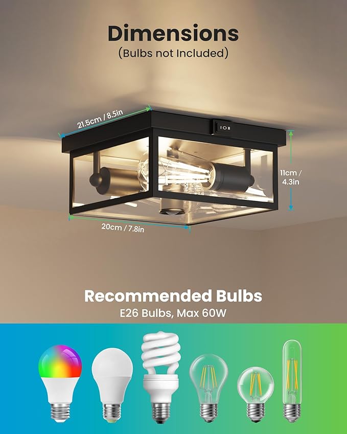 Outdoor Ceiling Light with Motion Sensor, Flush Mount Porch Light, Exterior Light Fixture with Clear Glass, Dusk to Dawn 2-Light Fixture for Patio,Porch (8.5in 2Pack)