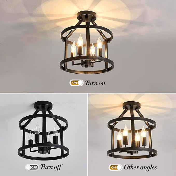 UOFUS Metal Semi Flush Mount Ceiling Light Fixture 4 Candle Holder Matte Chandelier Farmhouse Ceiling Lamp for Dining Room Bedroom Kitchen Hallway Entryway（Black）