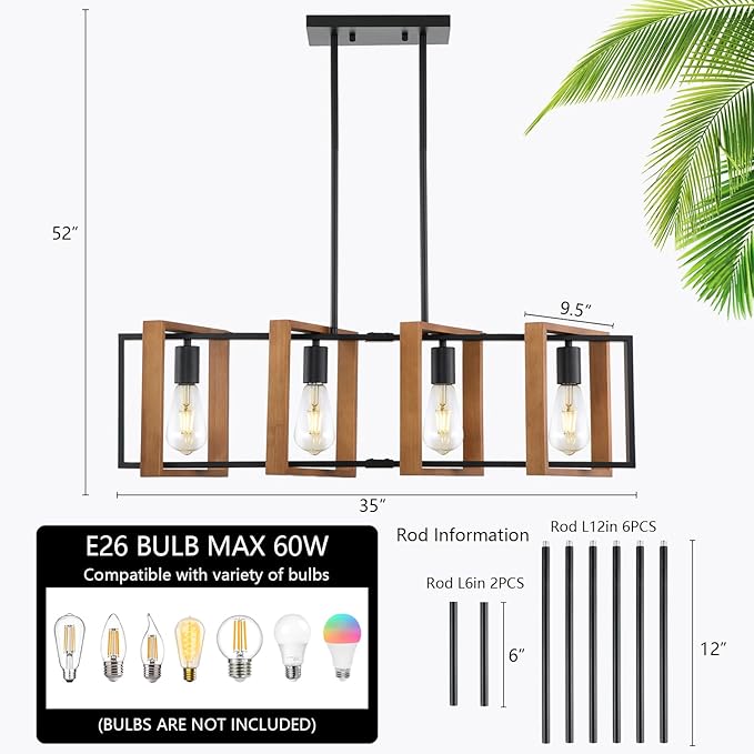 35.4" Kitchen Island Lighting,4 - Light Dining Room Farmhouse Chandelier,Black Modern Pendant Lighting,Pool Table Lights,Wood and Matte Black Metal Finish