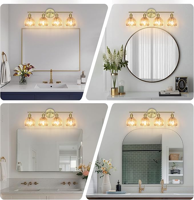 Vintage Bathroom Light Fixtures,4-Light Hardwired Vanity Lights with Amber Tulip Glass Shade,Gold Bathroom Vanity Light for Mirror Restroom,E26 Socket,25.2 in(Bulbs Not Included)
