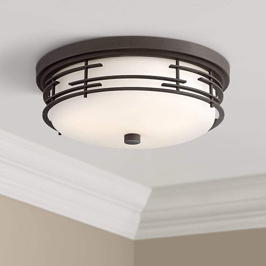 Franklin Iron Works Arden Modern Ceiling Light Flush Mount Fixture 14" Wide Bronze Brown Metal Frame White Glass Shade Decor for Bedroom Kitchen Living Room Family Hallway Bathroom House Dining