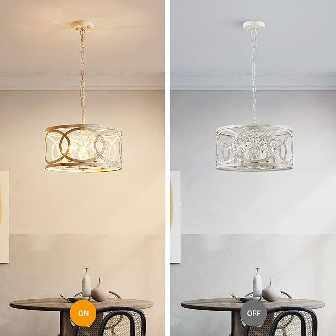WUZUPS Crystal Chandelier 5-Light Vintage Farmhouse Pendant Ceiling Light Lighting Fixture for Foyer Diningroom Bedroom Hallway Storage Kitchen Bathroom, H 8.3" W 16.1", E12 Base, Antique White