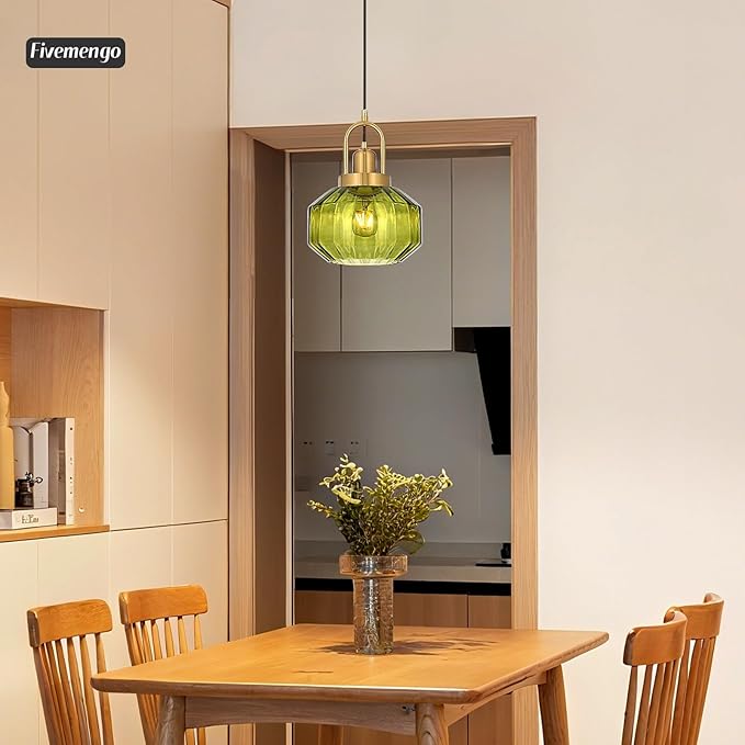9in Mid Century Modern Green Glass Pendant Light Fixture, Small Gold Kitchen Island Pendants Light Glass Ceiling Hanging Lamp for Foyer Dining Room Bedroom Entryway Hallway Over Sink