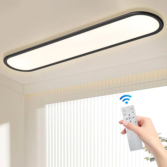 Ganeed 55.1" High Brightness Linear LED Ceiling Lamp, 60W Dimmable Low Profile Flush Mount LED Flat Panel Long Ceiling Light Fixture for Kitchen Office Laundry Shop, Black